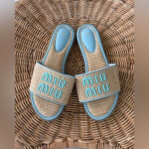 MIU Woven - Raffia Sandals with Light Blue Trim size 38 eu - NWOT